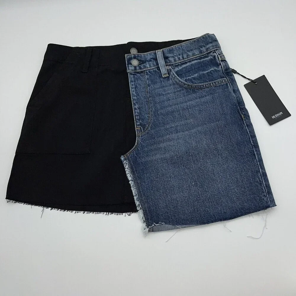 HUDSON Skirt Womens 27 Jeans Split Jean Denim Blue Black Mini Skirt $225 New - Picture 3 of 9